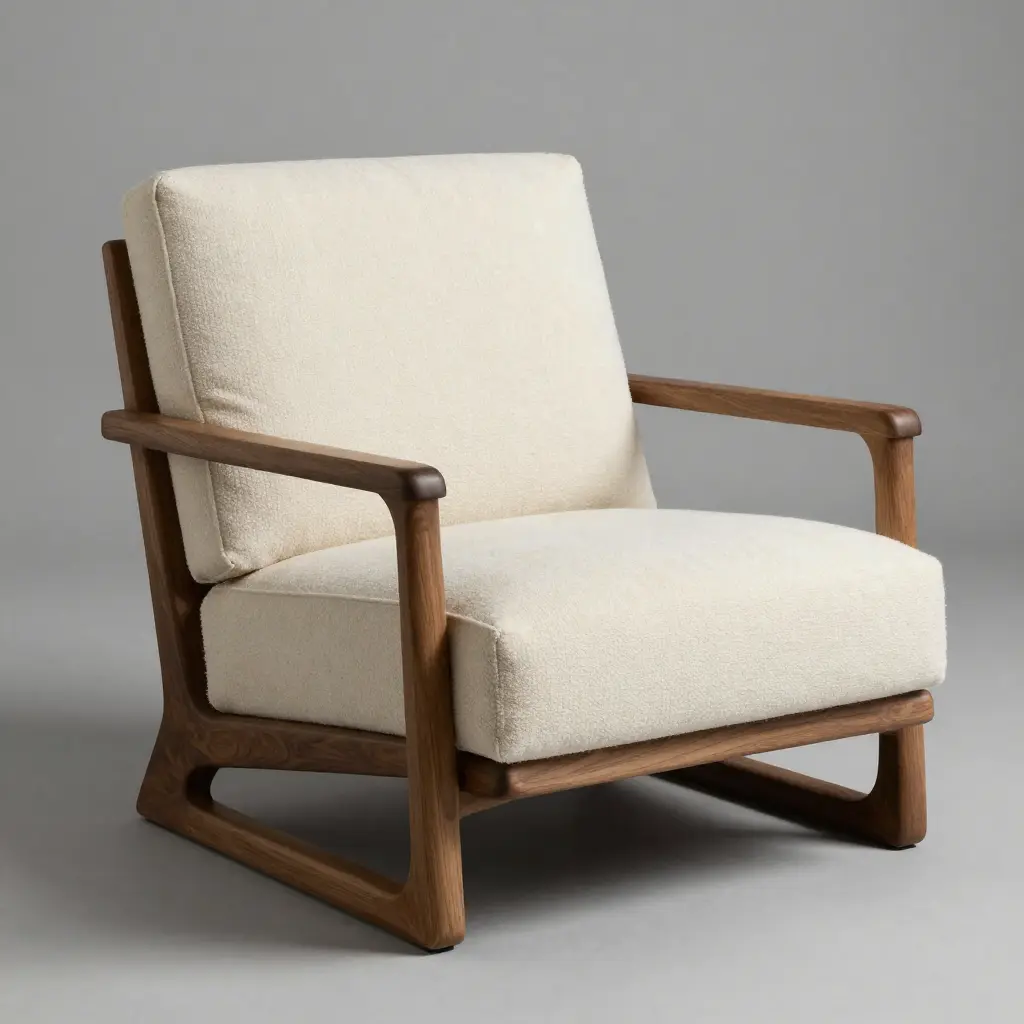 Sculptural walnut lounge chair with cream bouclé fabric