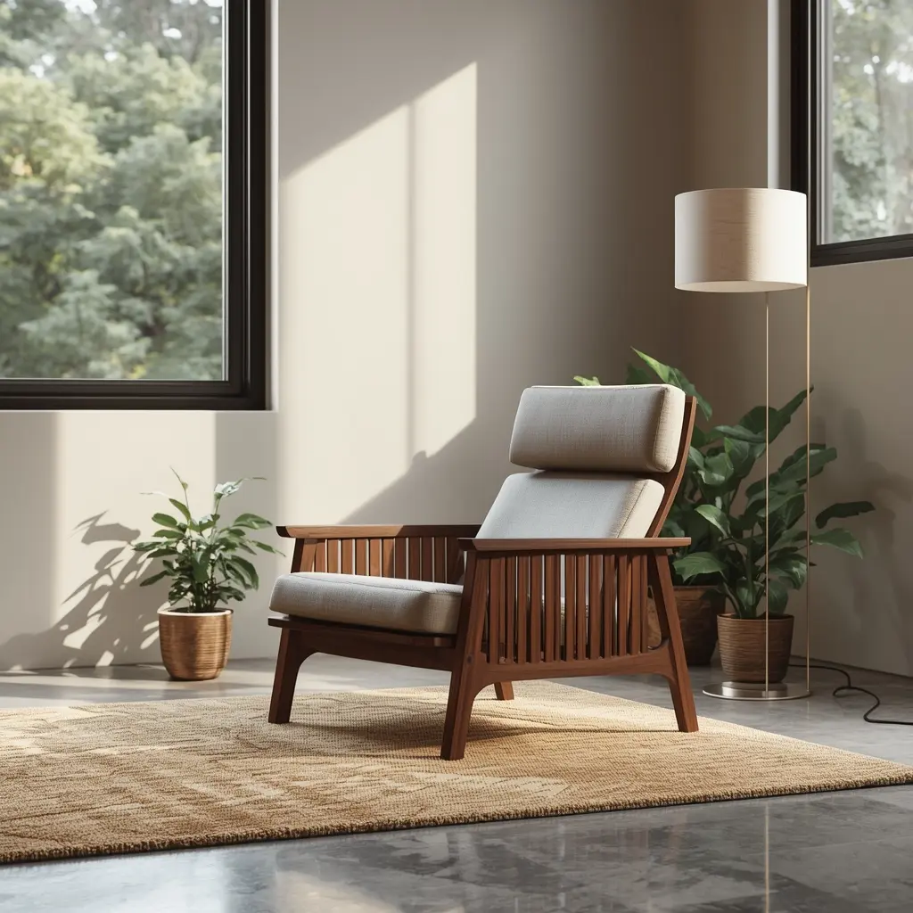 Custom walnut lounge chair in modern living room